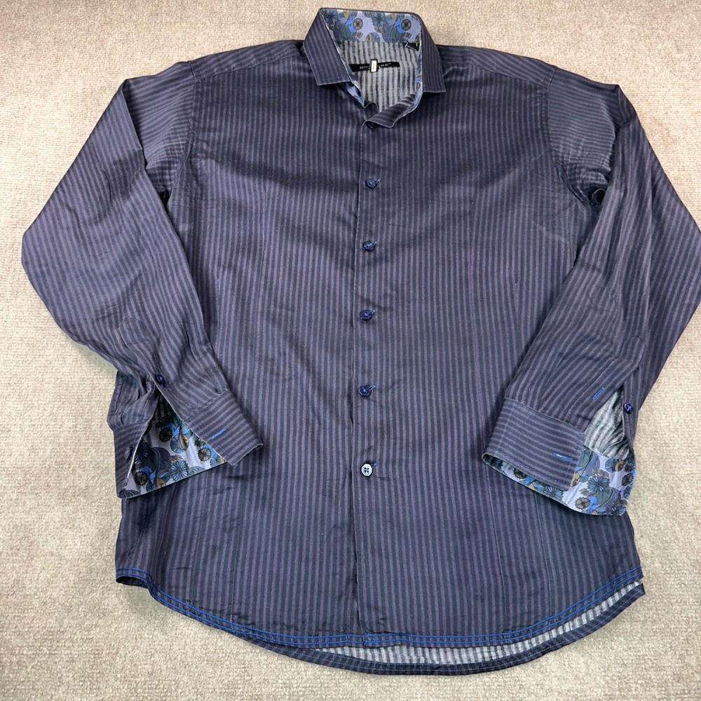 Bogosse Mens Long Sleeve Button Down Shirt Purple Black Striped Floral Trim Sz 3